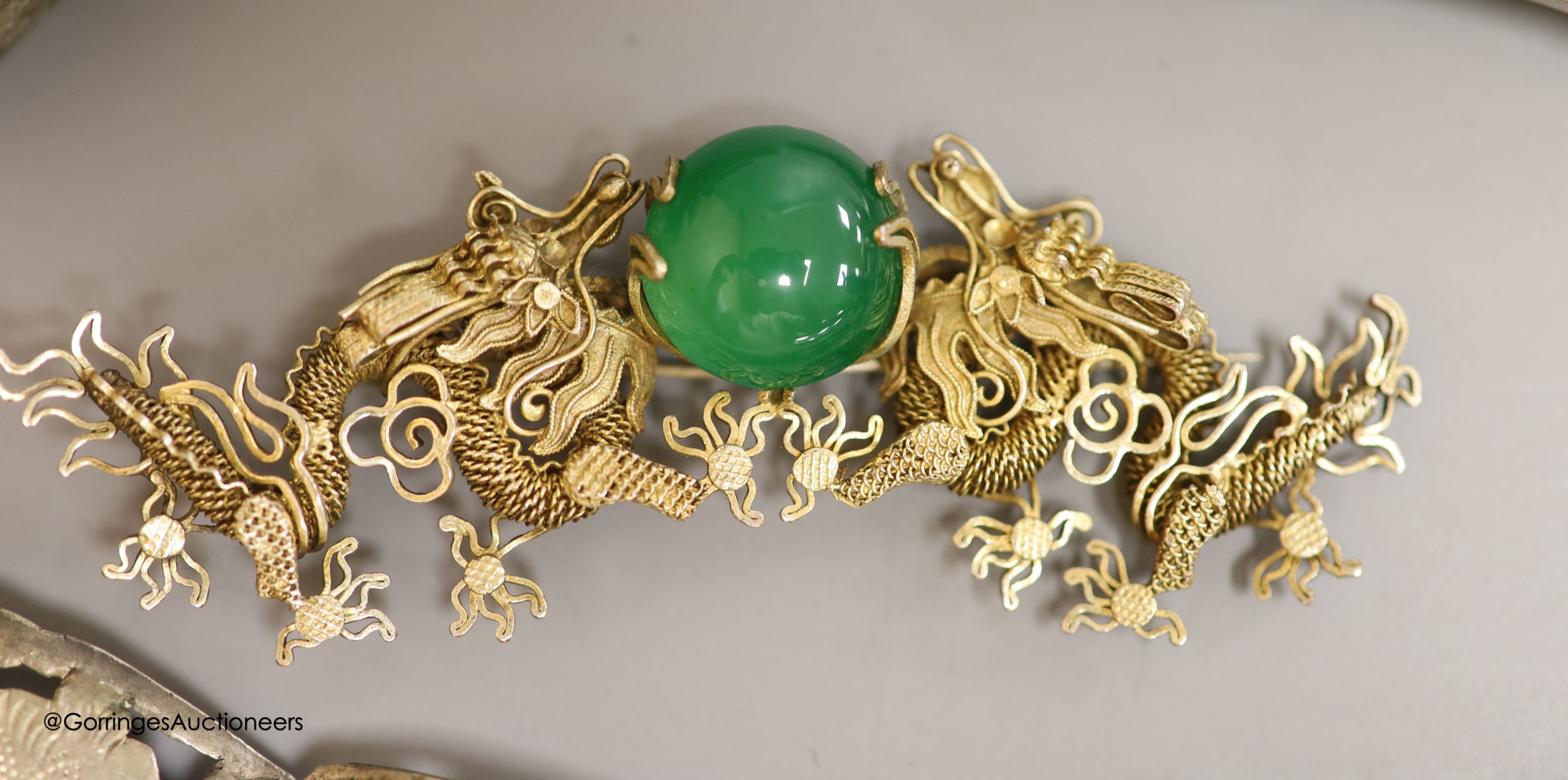 A white metal Chatelaine, together with a Chinese brooch etc.